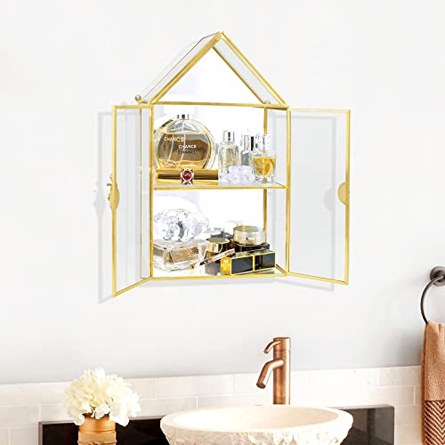 Wall Glass Cabinet Display for Perfume, Small Glass Display Curio Cabinets with Doors Wall Mounted, 2 Tiered Small Gold Curio Cabinet with Mirror Cosmetics Perfumes Storage for Bathroom