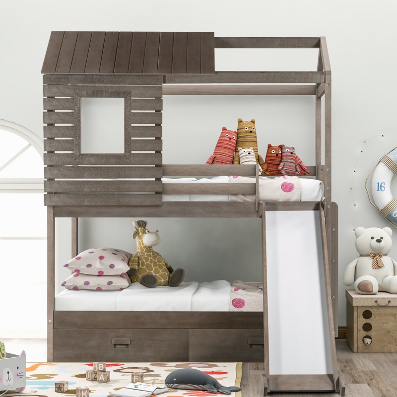 House-Shaped Twin-Over-Twin Bunk Bed with Slide