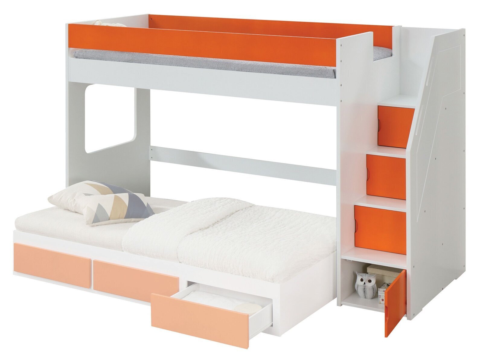 White And Orange Loft Bed With Pull Out Drawers