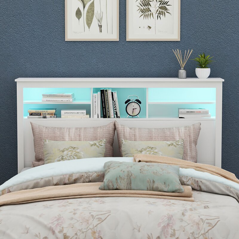 White Bookcase Headboard Queen With LED Lighting