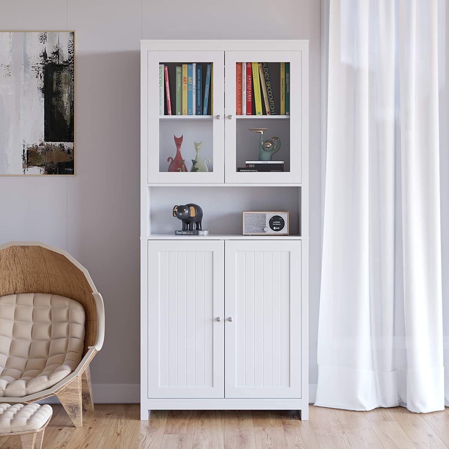 White Bookcase With Glass and Full Panel Doors