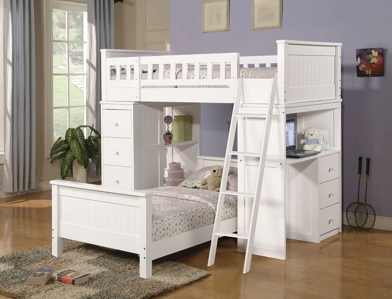 White Bunk Beds With Desk and Drawers