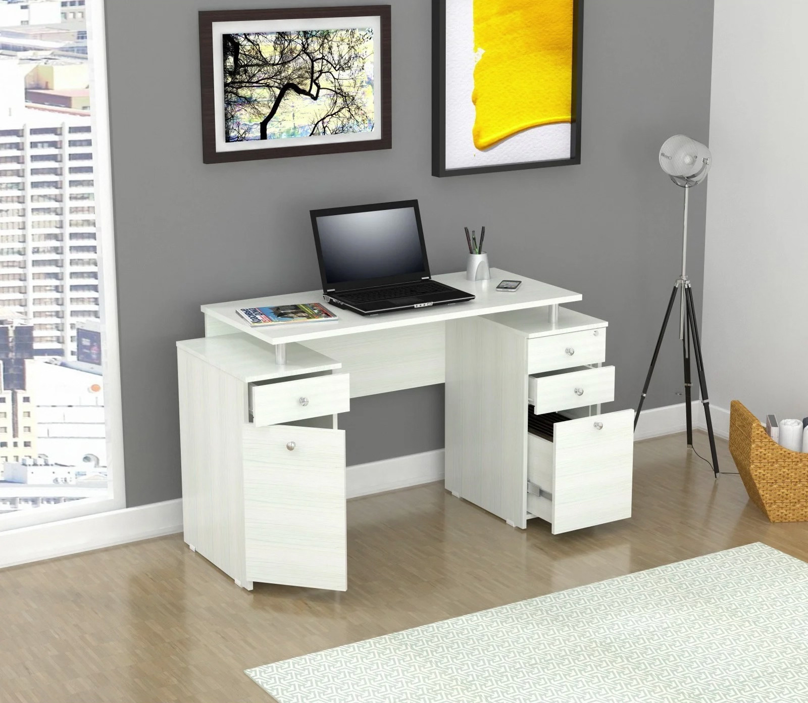 White Desk with Lockable Filing Cabinet