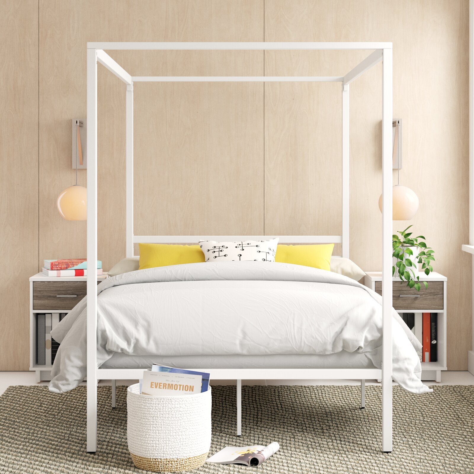 White Geometric Metal Framed Canopy Bed
