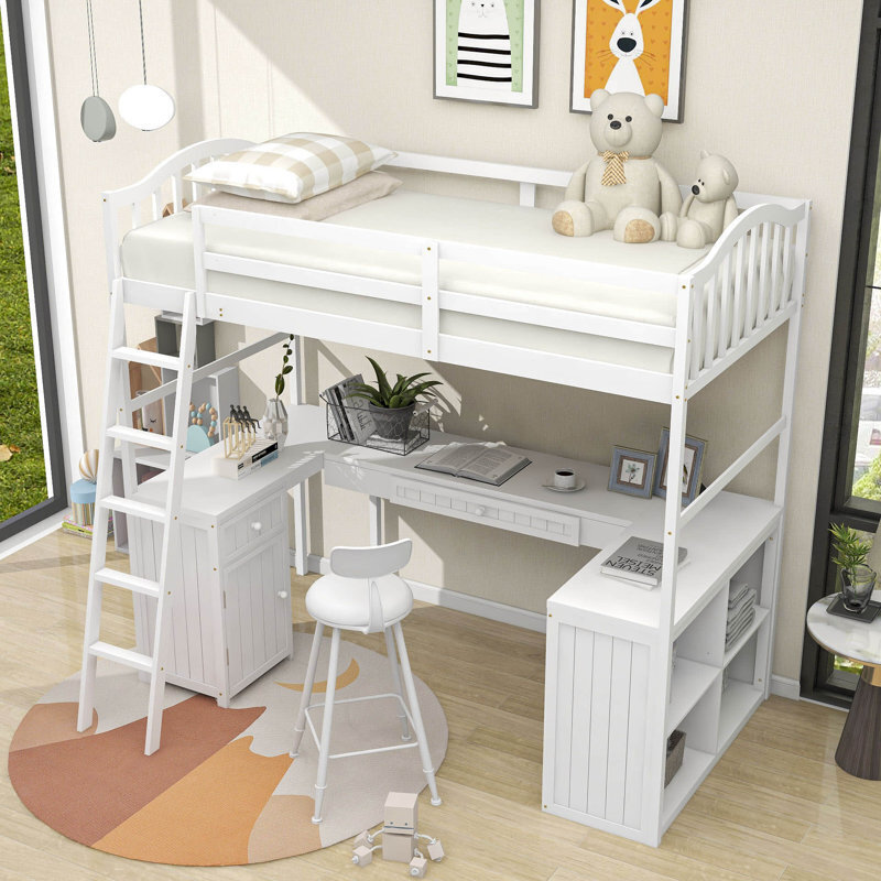 White Loft Bed with Desk and Built In Ladder