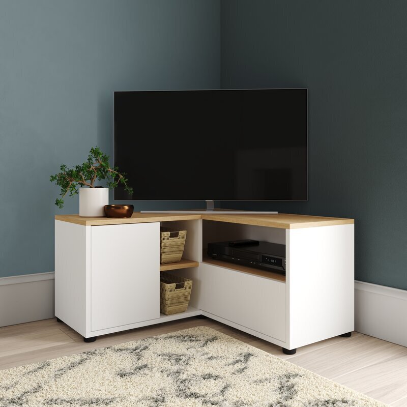 White Modern Corner TV Unit With Wooden Top