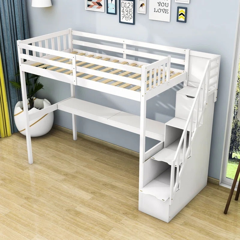 White Wood Loft Bed with Desk