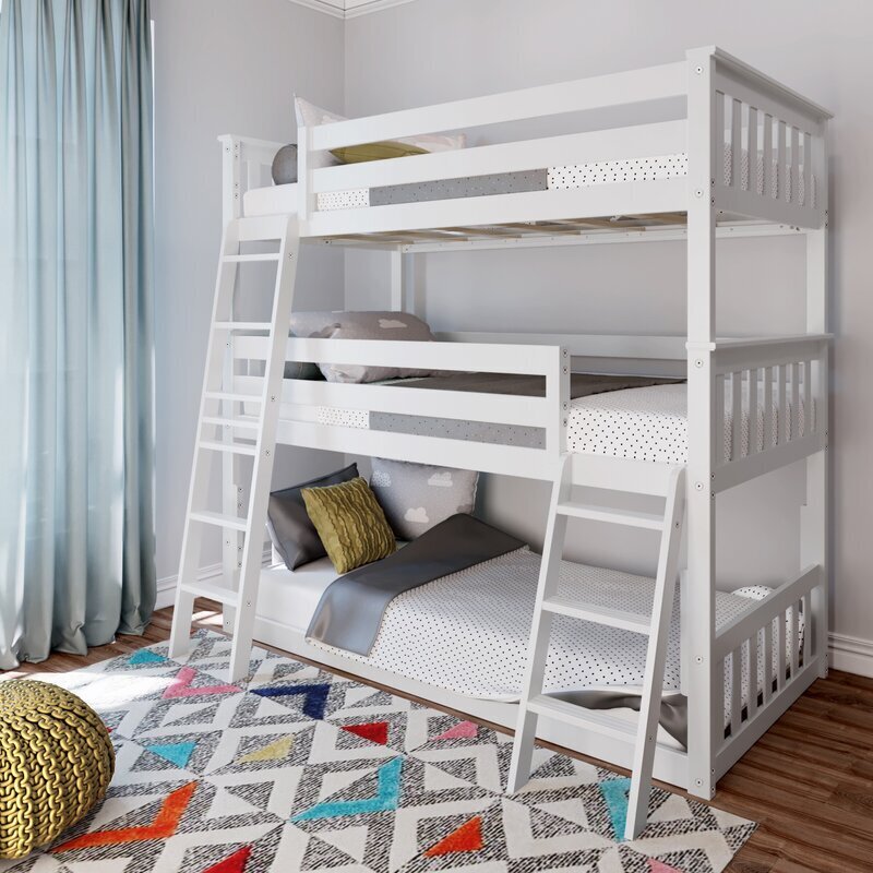 White Wood Triple Bunk Beds For Kids With Ladders