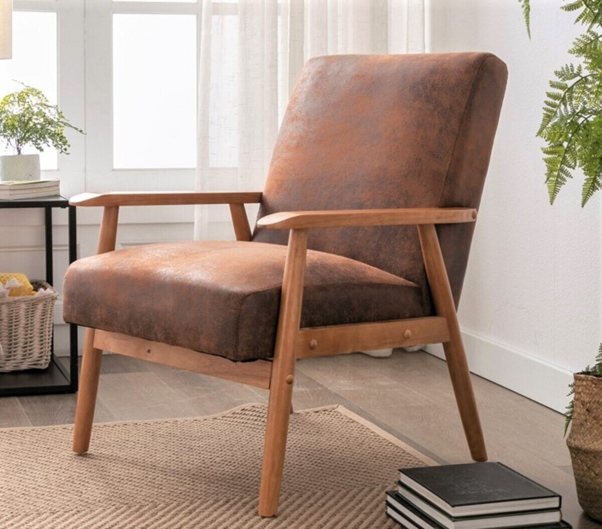 Wood and Microsuede Nordic Style Armchair