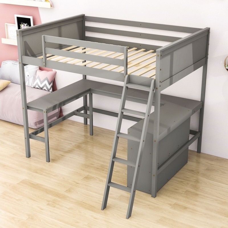 Wood Loft Bed With Desk And Shelves