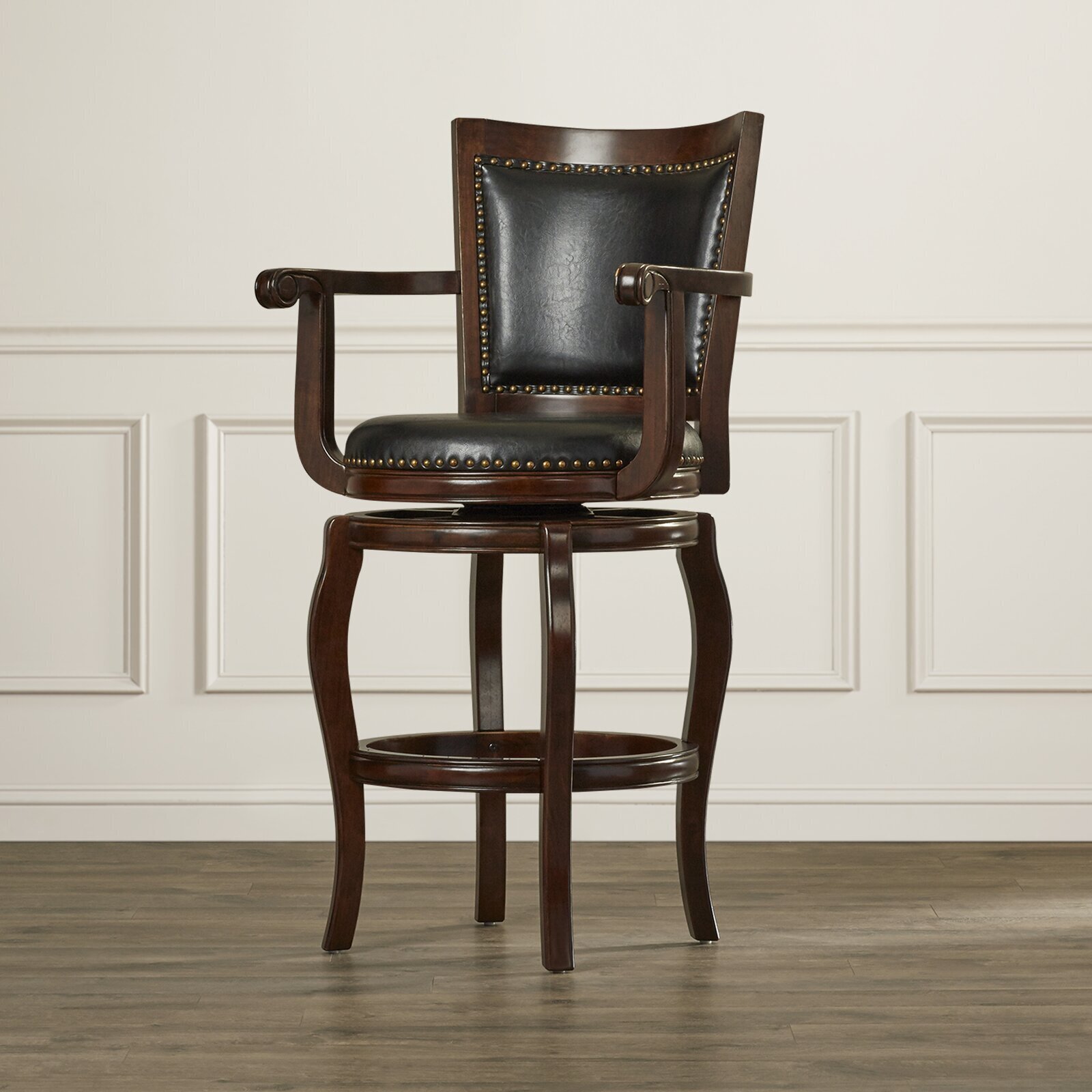 Wood Swivel Bar Stool With Back and Arms