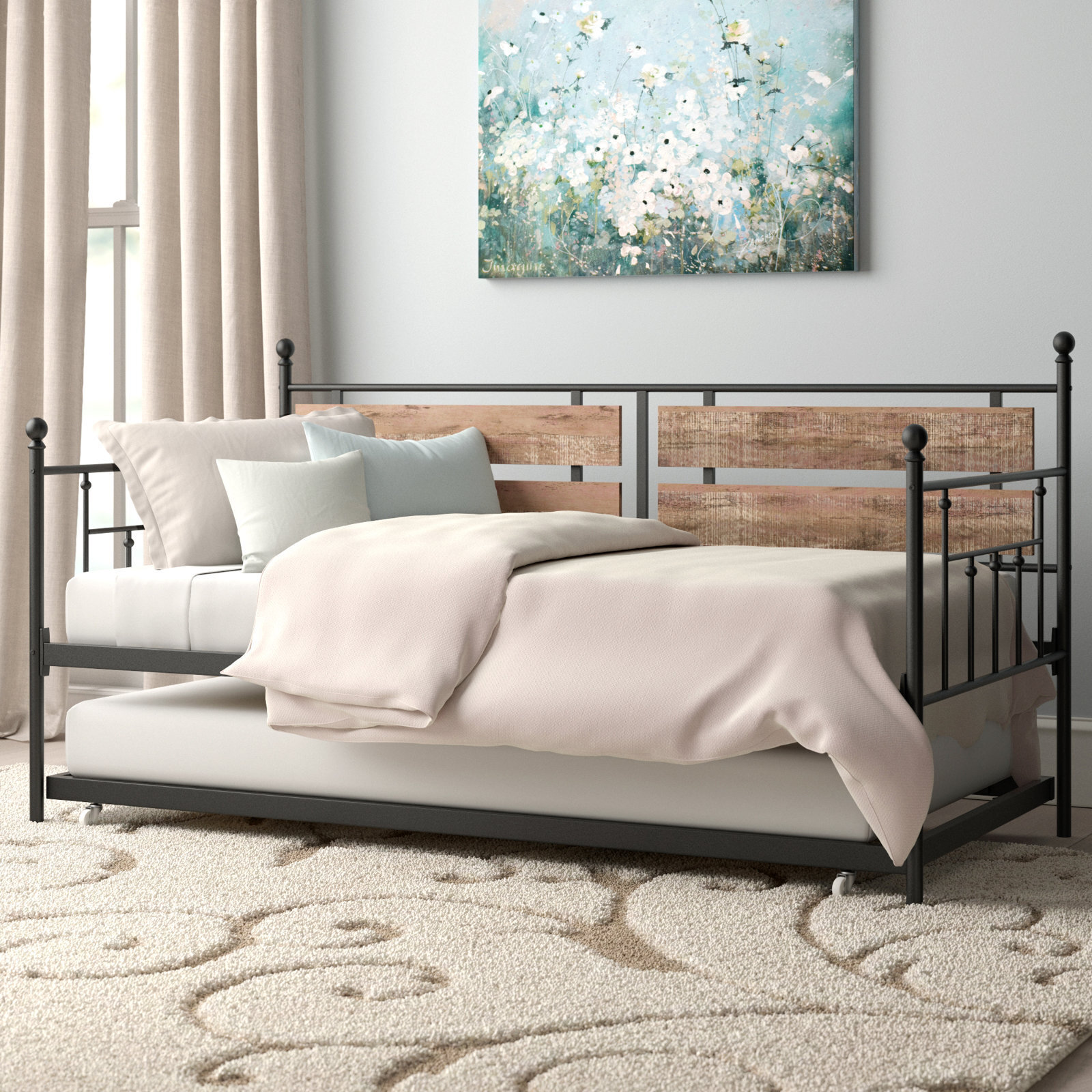 Wood Wrought Iron Daybed With Trundle 
