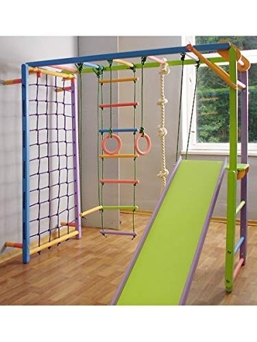 Wooden Indoor Foldable Climbing Playset | Playground for Kids | Gym Sets Up with Hammock Climbing Ladder Swing Slide and Rings (Colored)