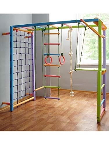 Wooden Indoor Foldable Climbing Playset | Playground for Kids | Gym Sets Up with Hammock Climbing Ladder Swing Slide and Rings (Colored)
