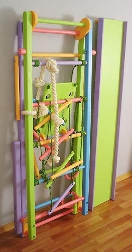 Wooden Indoor Foldable Climbing Playset | Playground for Kids | Gym Sets Up with Hammock Climbing Ladder Swing Slide and Rings (Colored)