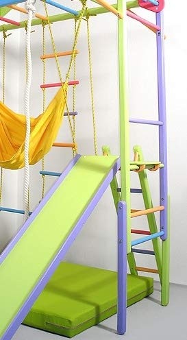 Wooden Indoor Foldable Climbing Playset | Playground for Kids | Gym Sets Up with Hammock Climbing Ladder Swing Slide and Rings (Colored)