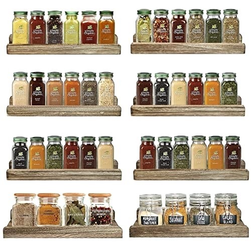 Wooden Spice Rack Wall Mount Seasoning Rack Organizer ,Wood Small Hanging Floating Shleves for Kitchen ,2 Pack 4-Tier Mountable Farmhouses Especiero Shelf Holder Set