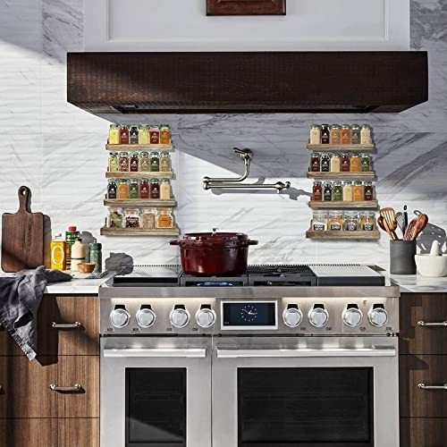 Wooden Spice Rack Wall Mount Seasoning Rack Organizer ,Wood Small Hanging Floating Shleves for Kitchen ,2 Pack 4-Tier Mountable Farmhouses Especiero Shelf Holder Set