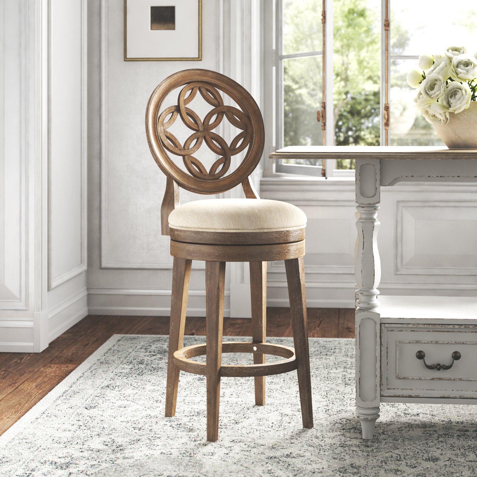 Wooden Swivel Bar Stool With Round Back