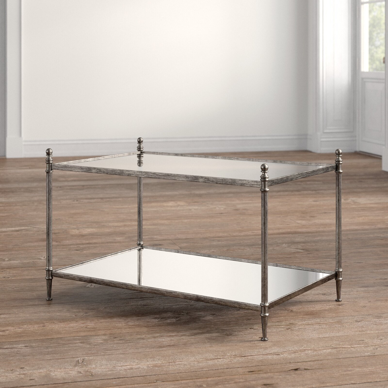 Wrought iron and glass coffee table with storage
