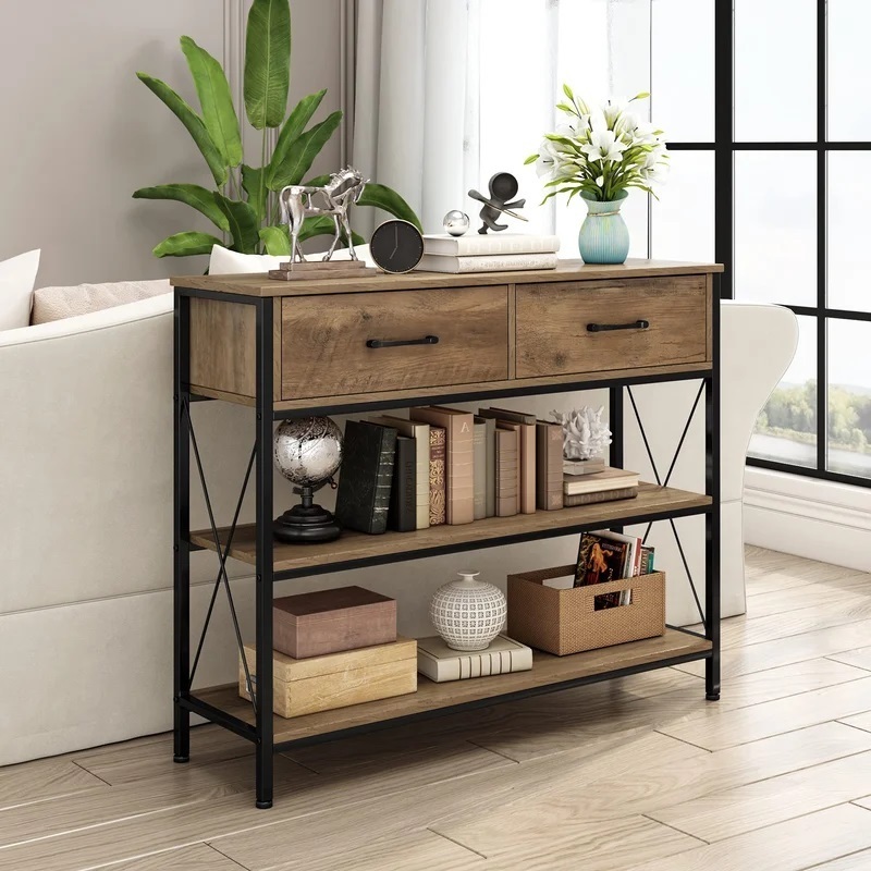 X Detail Wood and Metal Console Table