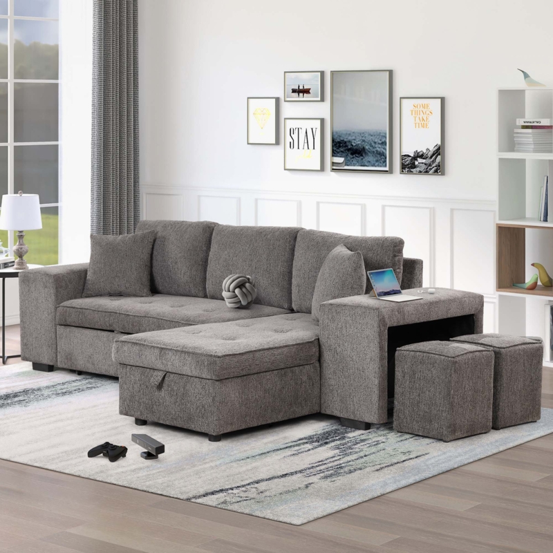 L-Shape Sofa Bed with Storage and Stools