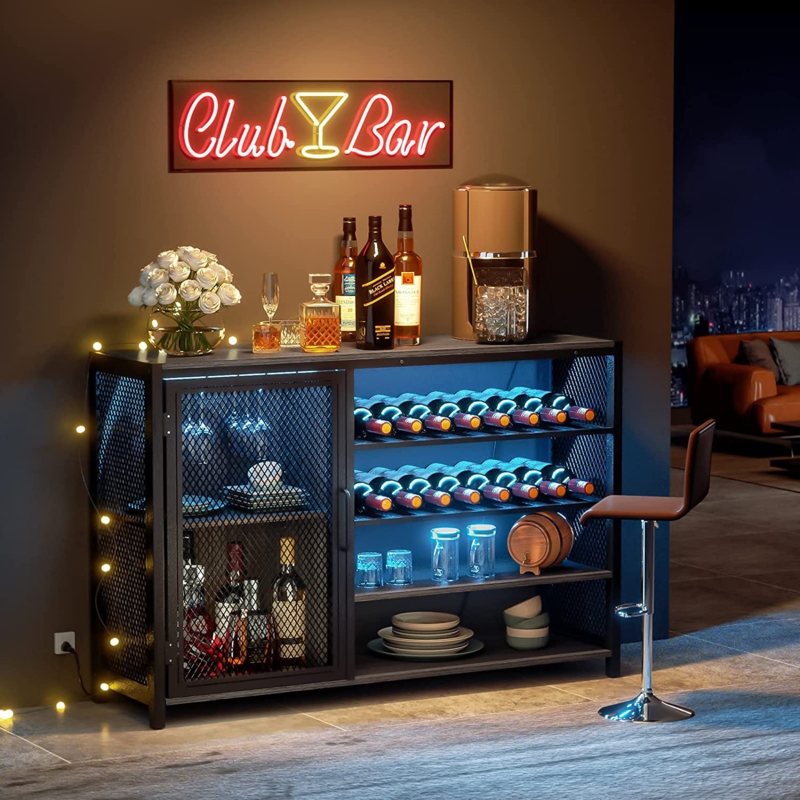 LED Wine Cabinet with Storage and Coffee Station