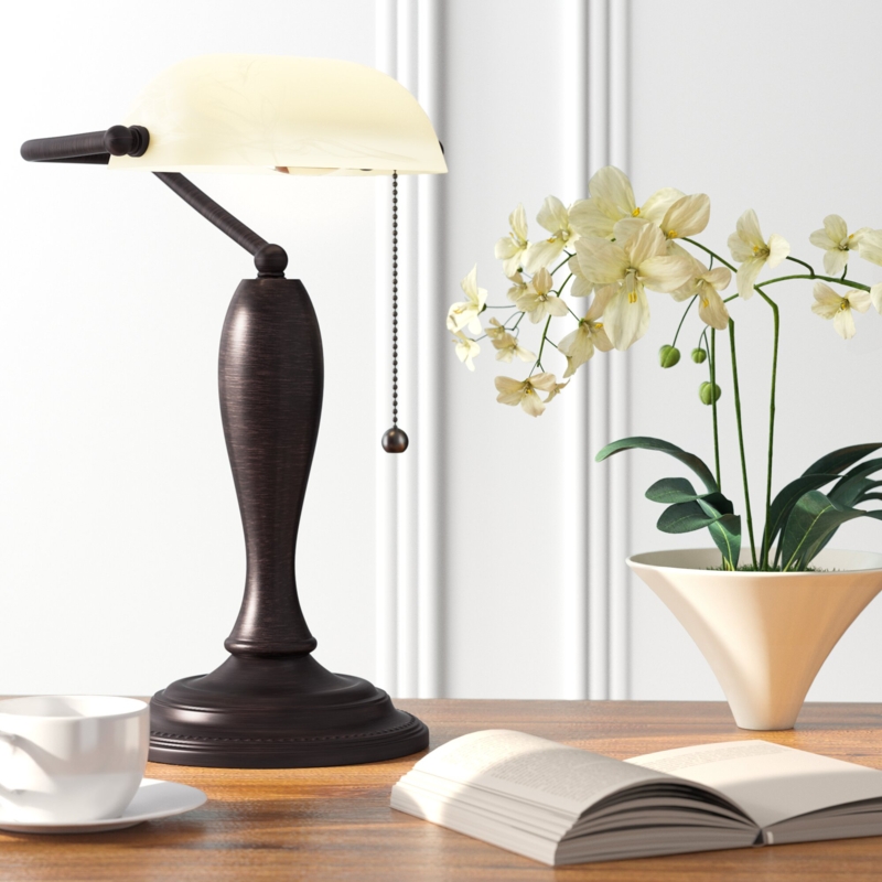 Dark Bronze Banker's Lamp with Amber Frosted Glass Shade