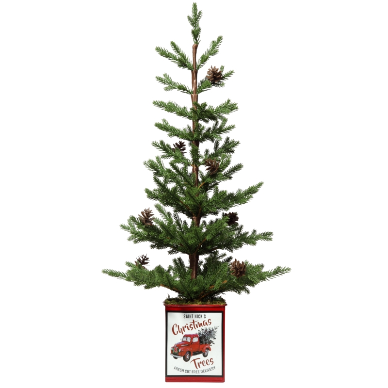24-inch Fir Tree with Pinecones in Decorated Metal Pot