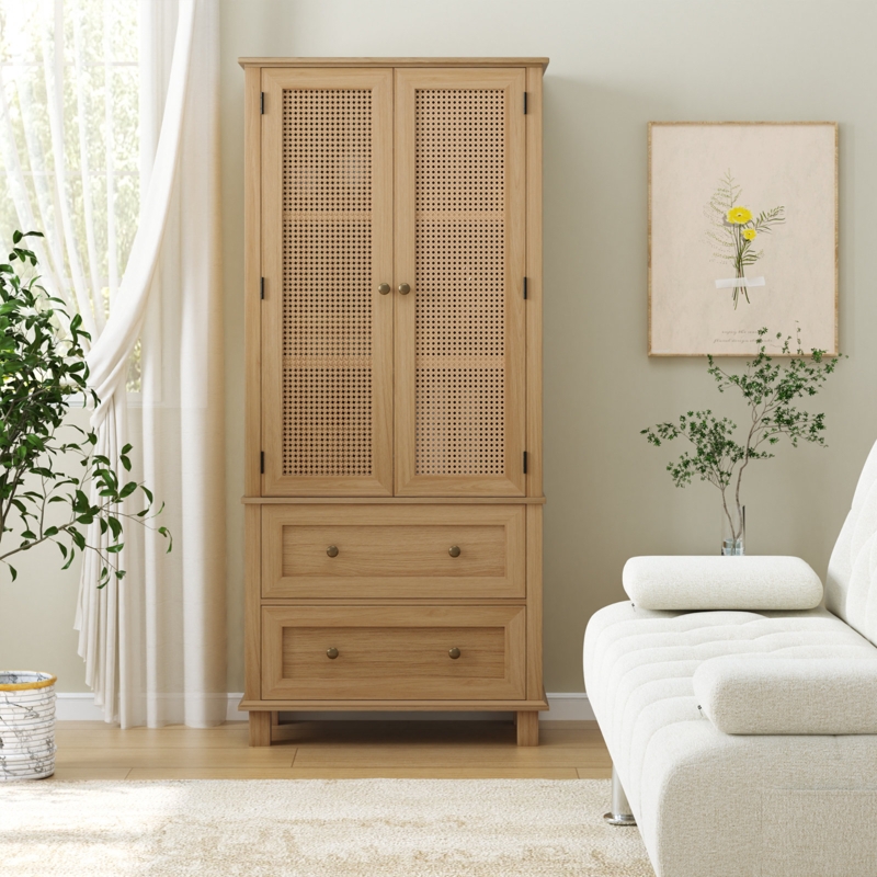 Faux Wood and Rattan Storage Cabinet