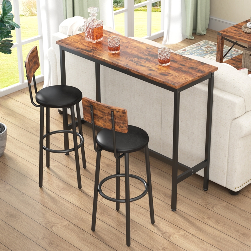 Rustic Bar Table Set with Upholstered Stools