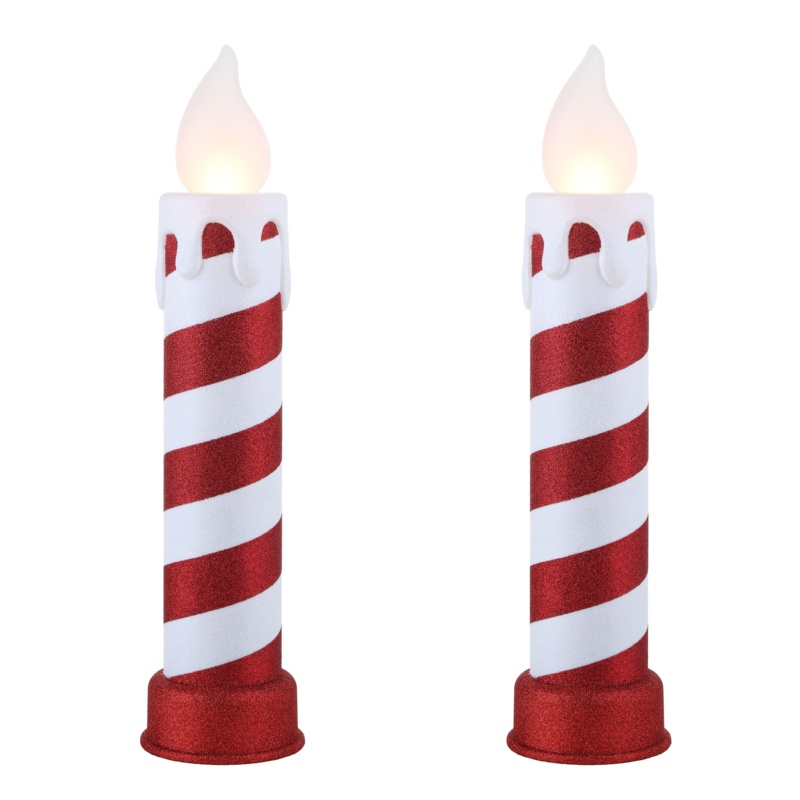 Red & White Stripe Glitter Blow Mold Candle Stick Set of 2
