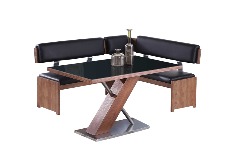 Modern Wooden Dining Set with Black Glass Table & Nook