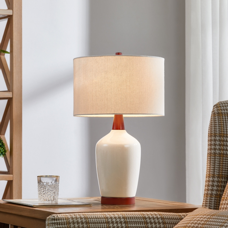 Textured Ceramic Table Lamp with Wood Details