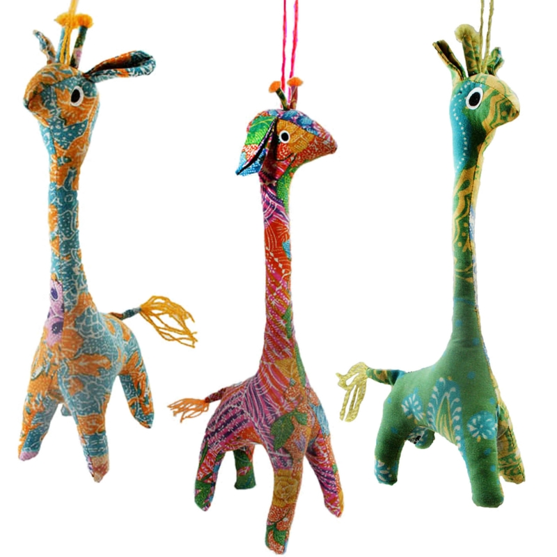 3-Piece Batik Sarong Fabric Giraffe Hanging Figurine Ornament Set