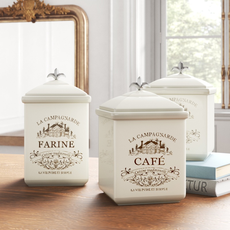 French Country Ceramic Ivory Black Canisters 3 Piece Set