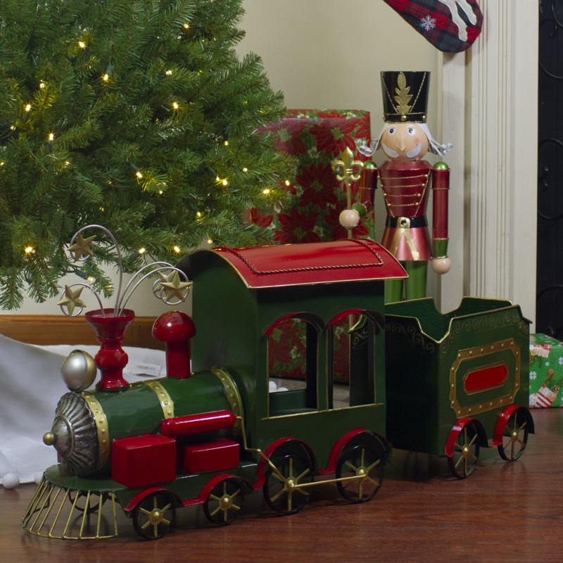 34" Green Red and Gold Metal Train Figurine Tabletop Christmas Decoration