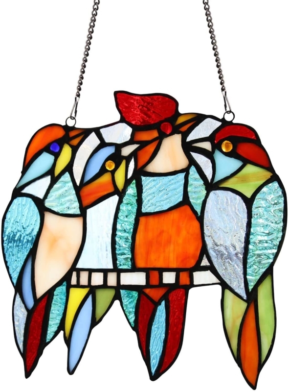 Stained Glass Window Hangings with 4 Tit Birds