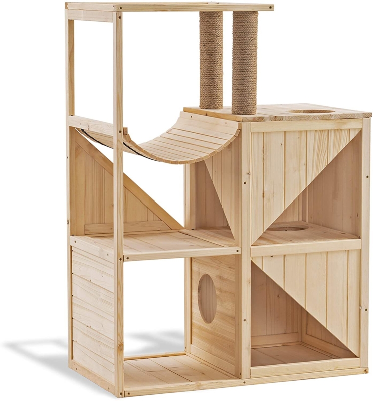 Multi-Level Wooden Cat House with Scratching Columns