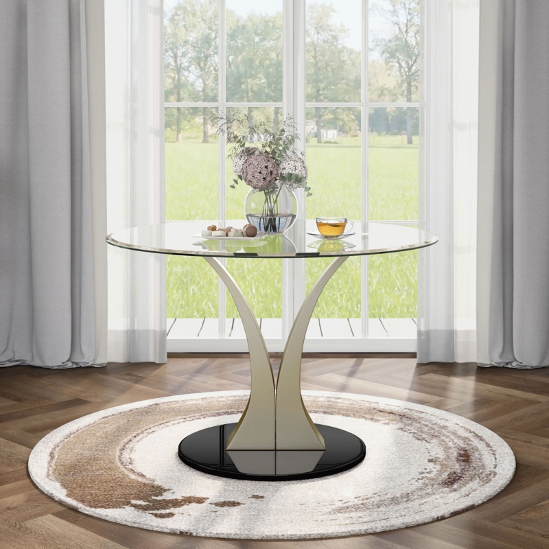 Metallic Pedestal Glass Top Dining Table