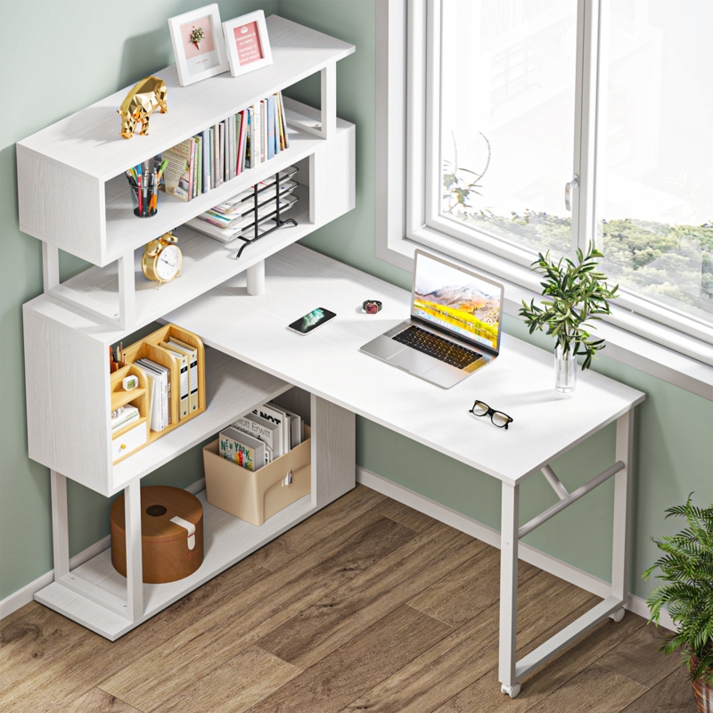 Modern L-Shaped Desk with 5-Tier Storage Shelves