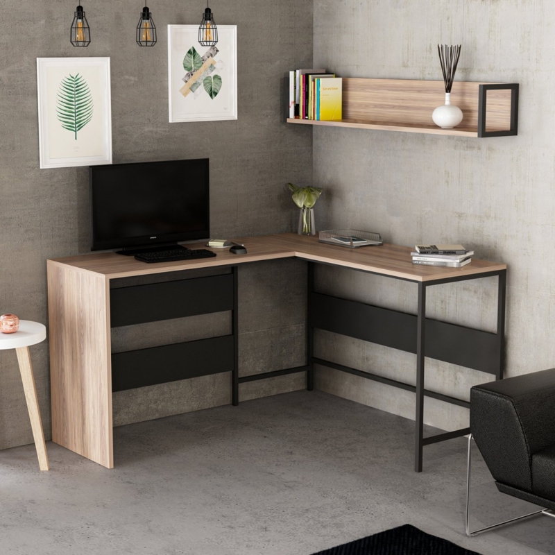 L-Shaped Corner Desk with Wall Shelf