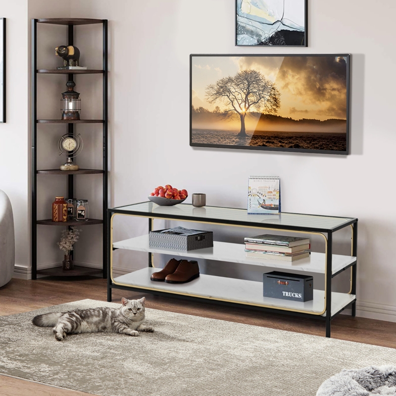 Elegant TV Stand with Wavy Glass Top and Faux Marble Shelves