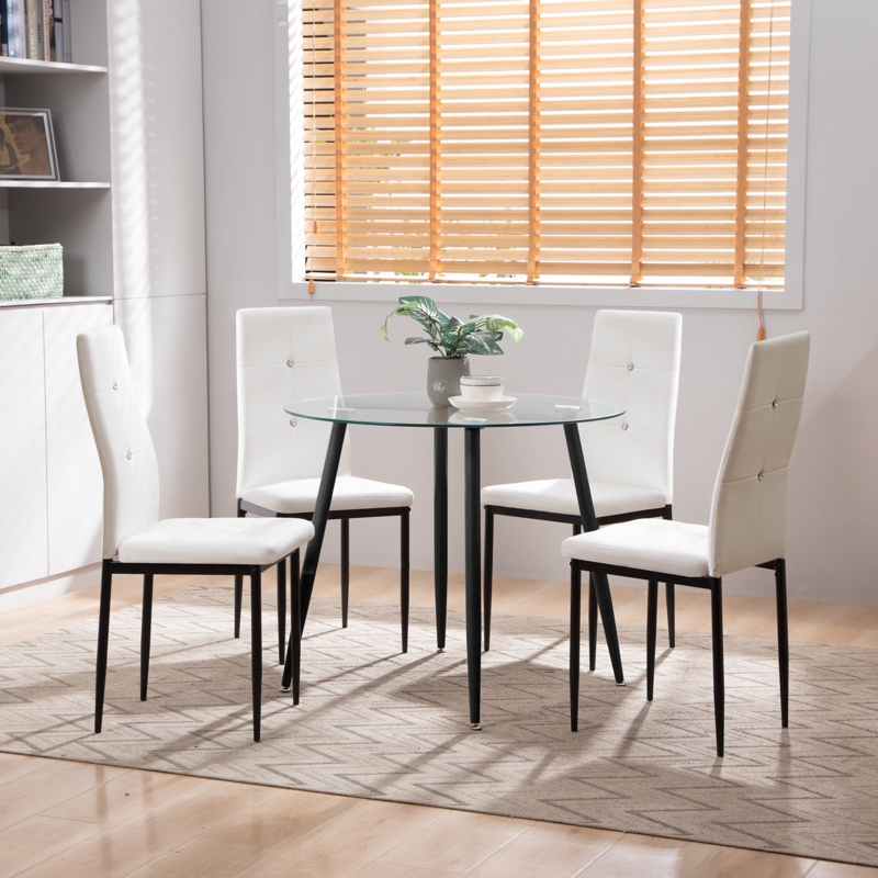 Contemporary Glass Dining Table Set with Faux Leather Chairs