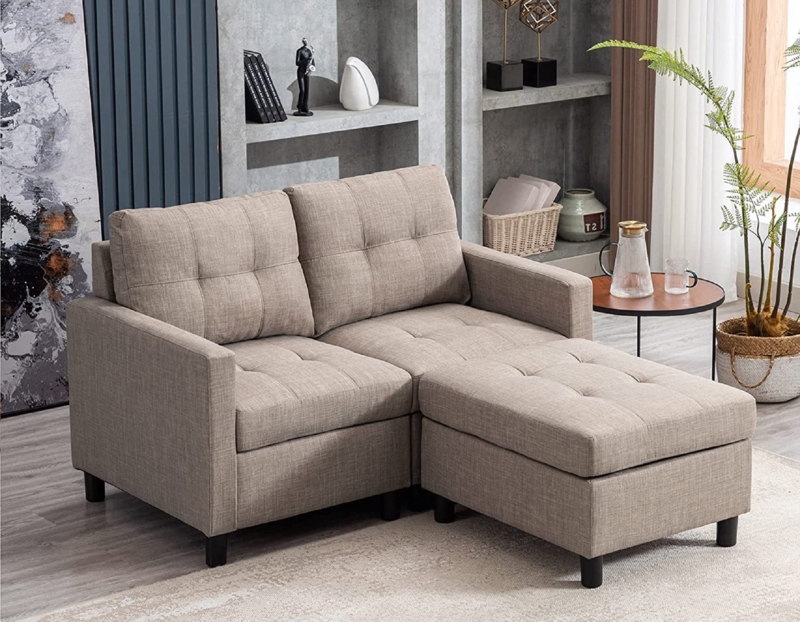 Linen Upholstered Loveseat Sofa with Reversible Ottoman