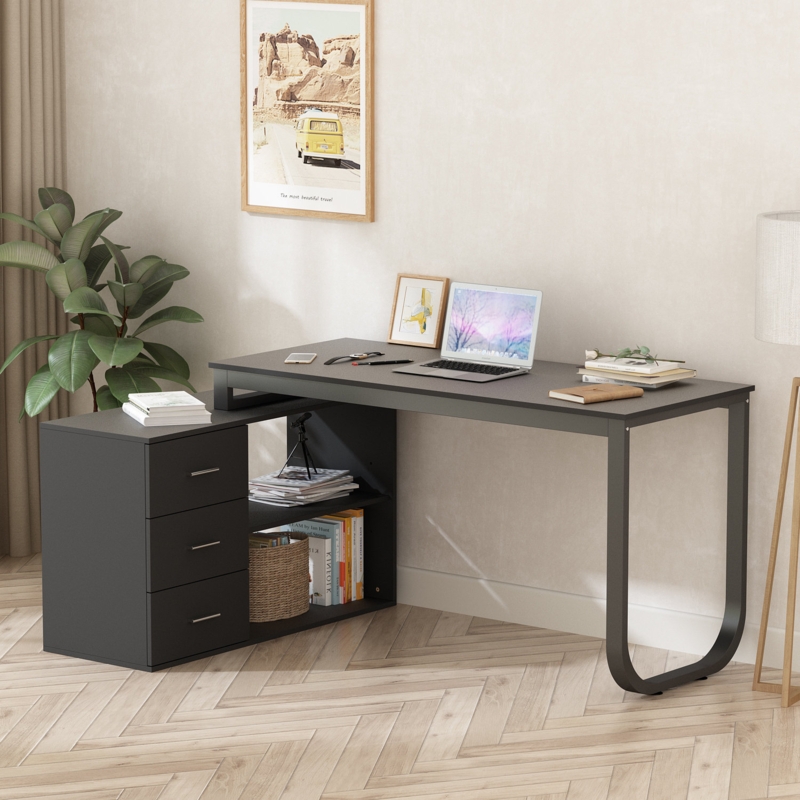 Modern Workspace Desk with Open Shelves and Drawers