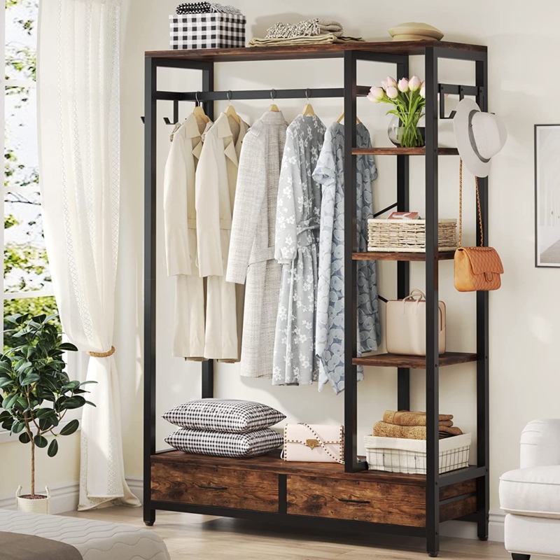 Freestanding Closet Organizer Heavy Duty, Closet Clothes Organizer,  Freestanding Closet Organizer System, Holds 200 Lbs Metal Closet Rack,  Clothes Rack, Rustic Brown