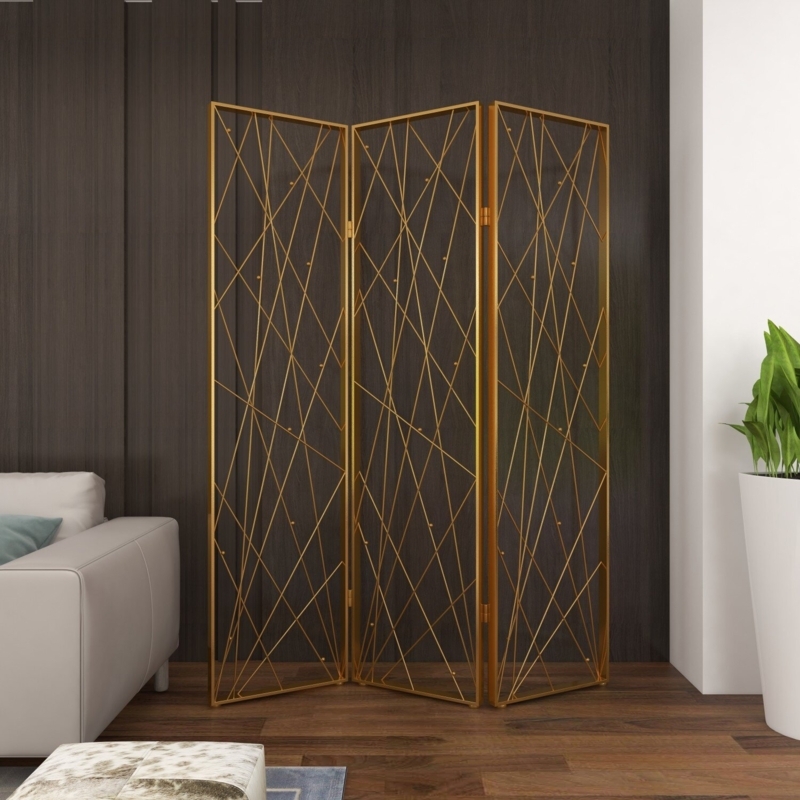 Gold 3-Panel Screen Divider with Abstract Accent