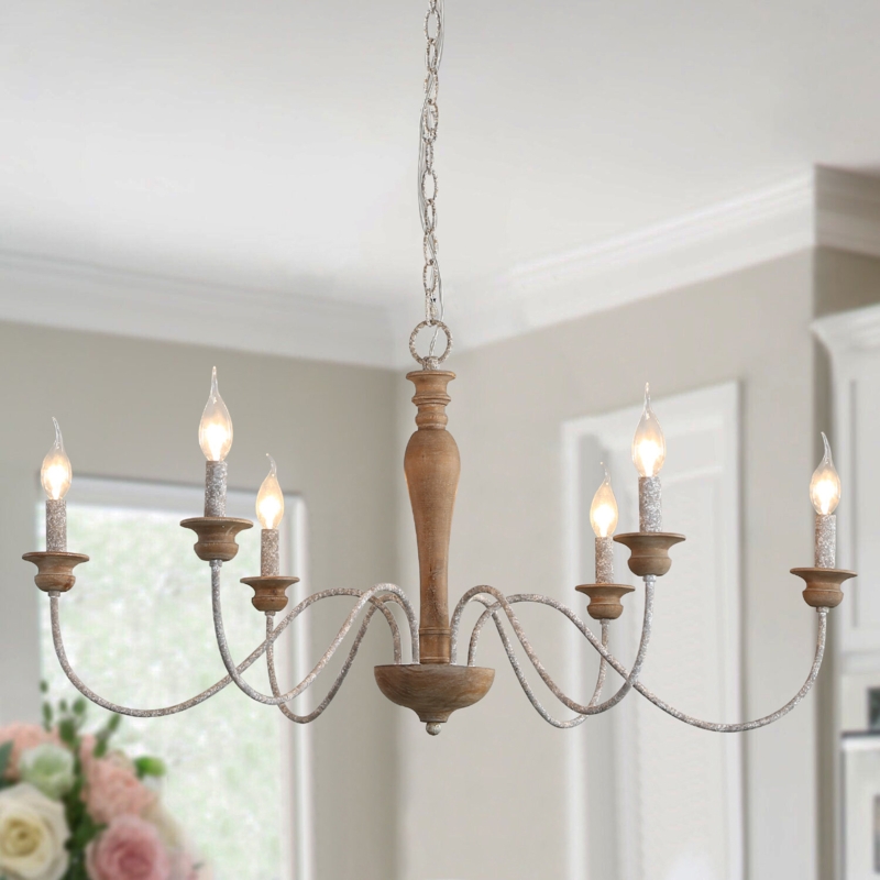 Retro Wood Column Chandelier with Six Candle Arms