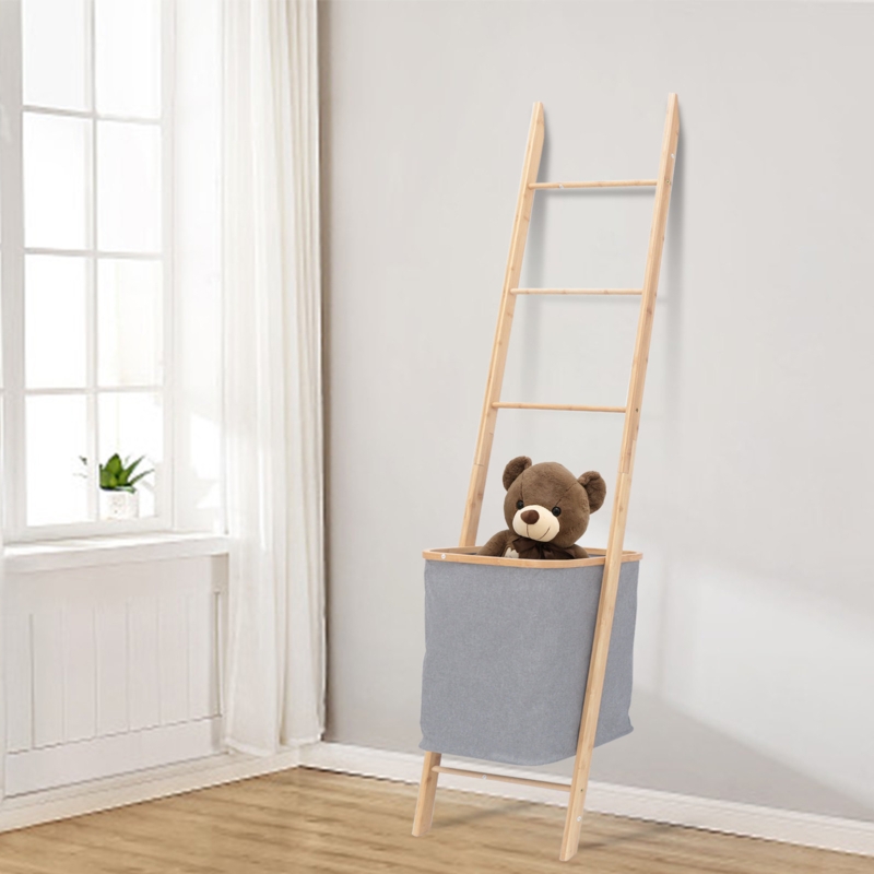 Bamboo Blanket Ladder with Storage Basket